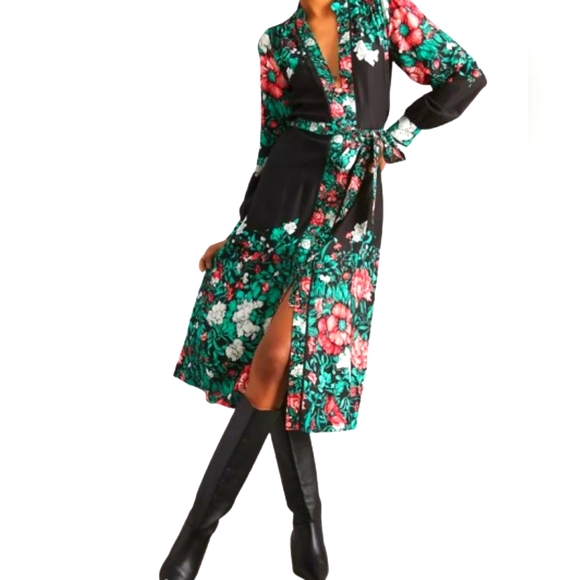 Anthropologie Black Multi-Color Floral Button Front Midi Shirt Dress,Medium - Picture 2 of 16